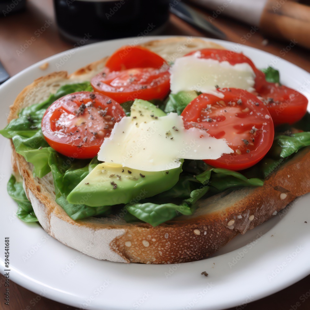 Tomato sandwich. Tomato sandwich with rocket salad. Generative AI.