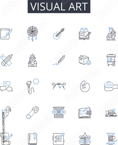 visual art line icons collection. Fine craft, Auditory arts, Performing arts, Concrete poetry, Luxury fashion, Graphic design, Textile art vector and linear illustration. Decorative arts,Culinary arts