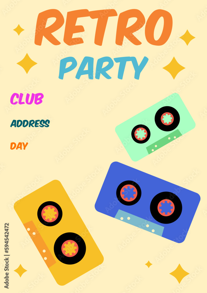 Retro party poster with tape cassettes and a place for information about the venue Retro party poster with tape cassettes and a place for information about the venue