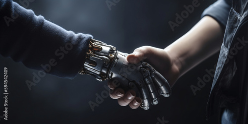 Handshake between cyborg and human, created using Generative AI technology © Piotr