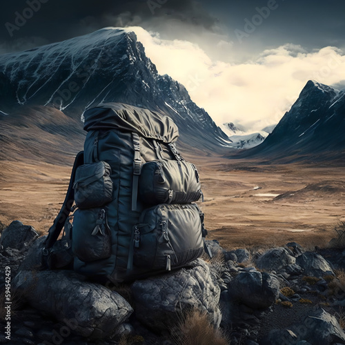Post-apocalyptic Backpack in a cold Mountain pass