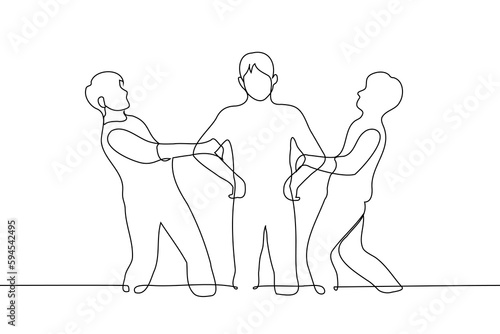 men pull standing man in different directions - one line drawing vector. concept friends pull in different directions, a metaphor for conflicting desires and passions