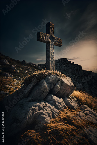 christian symbol on top of rock, cross symbol on the rock hill generative ai