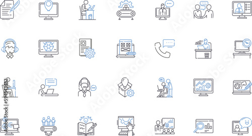Functioning line icons collection. Operation, Performance, Execution, Mechanism, Activity, Workflow, Flow vector and linear illustration. Behaviour,Implementation,Functionality outline signs set