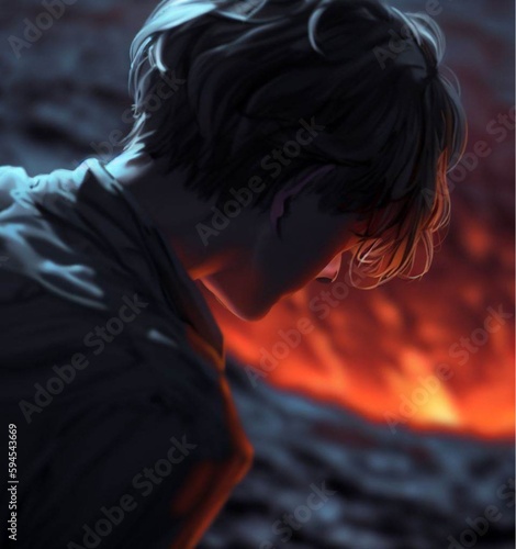 A captivating image of a young man from behind, featuring his sexy black hair, as he gazes upon a flowing lava landscape, adding a sense of mystery and adventure.