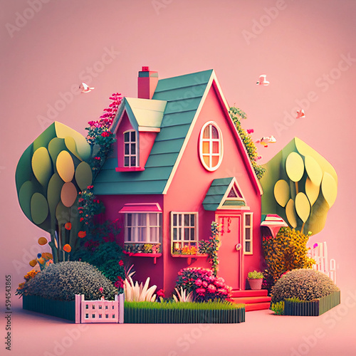 Cute little isometric cozy house with small garden. Generative AI.