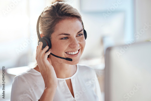 Call center, computer and smile with woman in office for customer service, technical support and advice. Technology, contact us and communication with happy employee operator in help desk agency