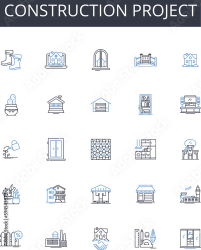 Construction project line icons collection. Business venture, Marketing campaign, Advertising strategy, Development plan, Expansion project, Rebranding effort, Creative pursuit vector and linear