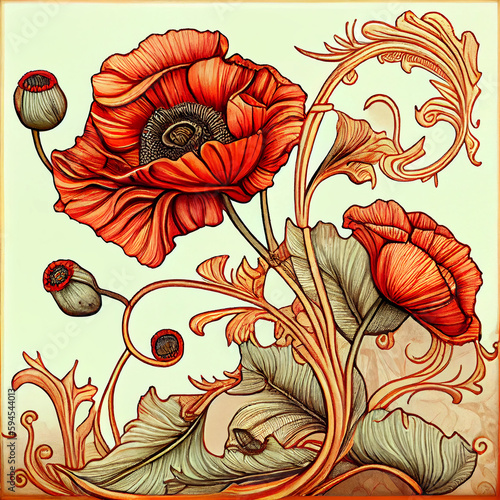 Poppy in Art Nouveau style. Imitation of an old stained glass window. Generative AI.