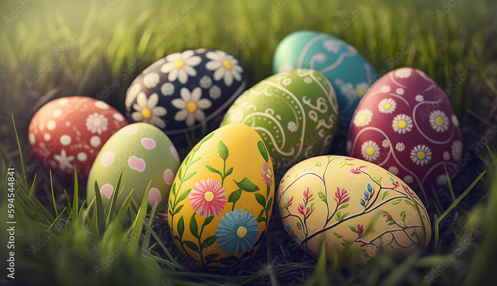 A collection of painted easter eggs celebrating a Happy Easter on a spring day A collection of painted easter eggs celebrating a Happy Easter on a spring day