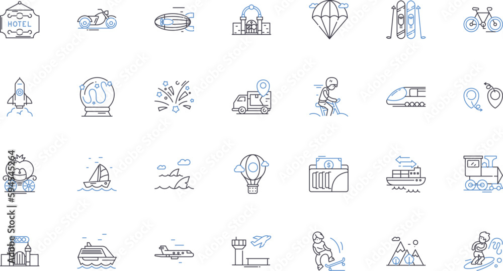 Fototapeta premium Rambling rovers line icons collection. Travel, Adventure, Trekking, Exploration, Hiking, Camping, Roadtrip vector and linear illustration. Backpacking,Nature,Trails outline signs set