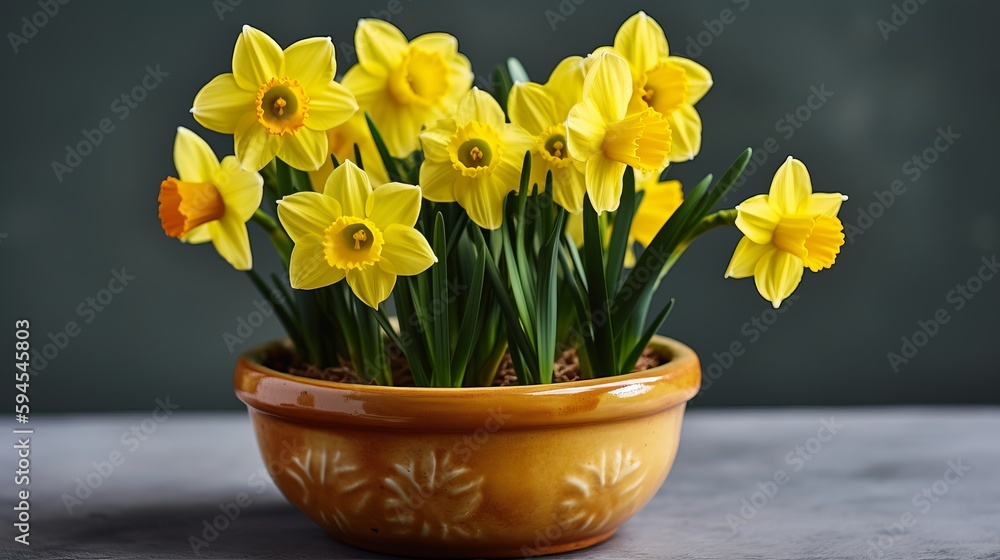 A cluster of bright yellow daffodils in a small ceramic pot. AI generated