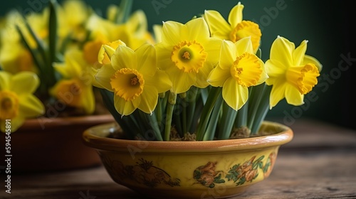 Wallpaper Mural A cluster of bright yellow daffodils in a small ceramic pot. AI generated Torontodigital.ca