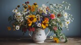 A colorful bouquet of wildflowers in a white vase. AI generated