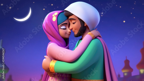 Adorable Cartoon Avatar of Embracing Muslim Couple Each Other in Crescent Night. Eid Mubarak Concept, Generative AI.