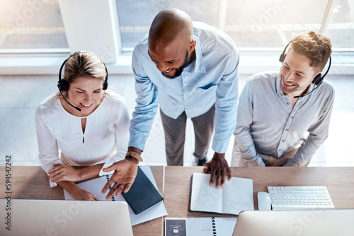 Call center employees in customer care training, help and business people working together with support. Contact us, CRM and coworking top view with teaching and learning, coaching with team leader