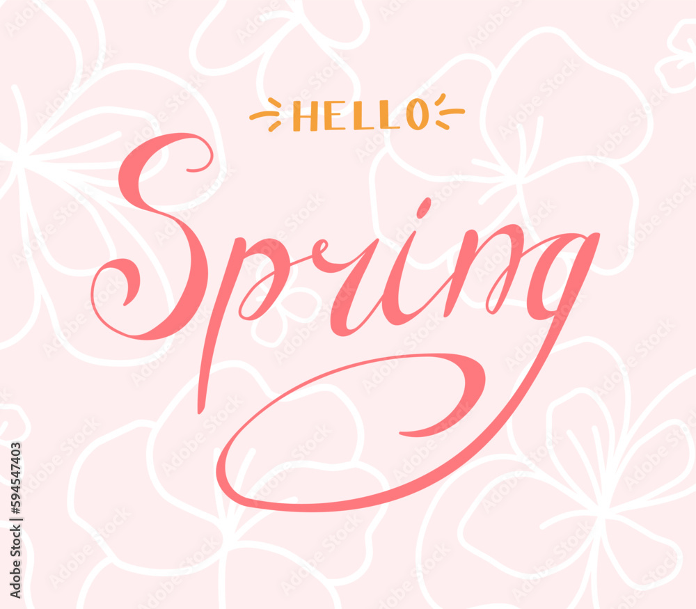 Hello spring banner on light pink background with flowers. Hello spring banner on light pink background with flowers.