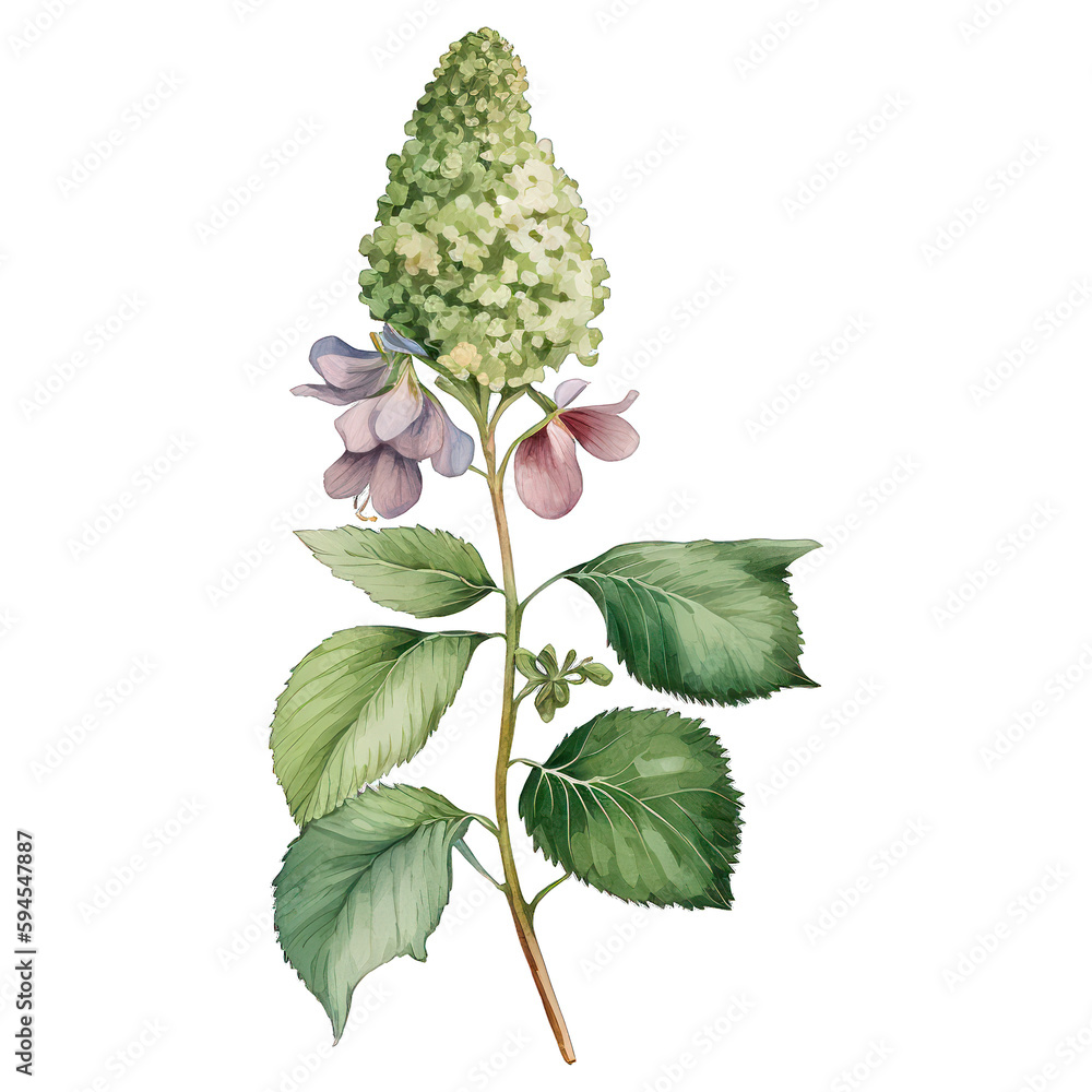 Watercolor drawing of a Hydrangea with leaves and flowers. Botanical illustration. Pastel color floral bouquet. Watercolor drawing of a Hydrangea with leaves and flowers. Botanical illustration. Pastel color floral bouquet.