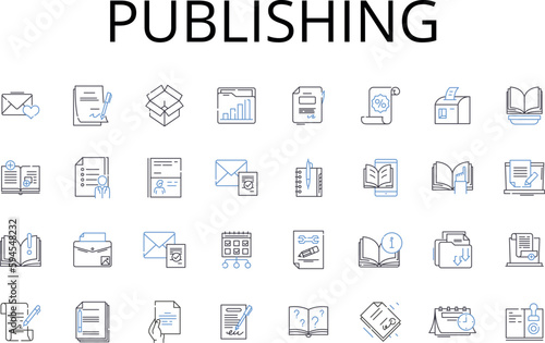Publishing line icons collection. Printing press, Bookmaking, Magazine creation, Article releasing, Report production, Newsletter issuing, Journal publication vector and linear illustration. Report