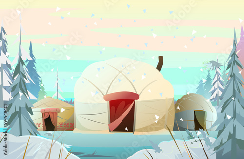 Yurt in tundra and taiga. Dwelling of northern nomadic peoples in Arctic. From felt and skins. illustration vector.