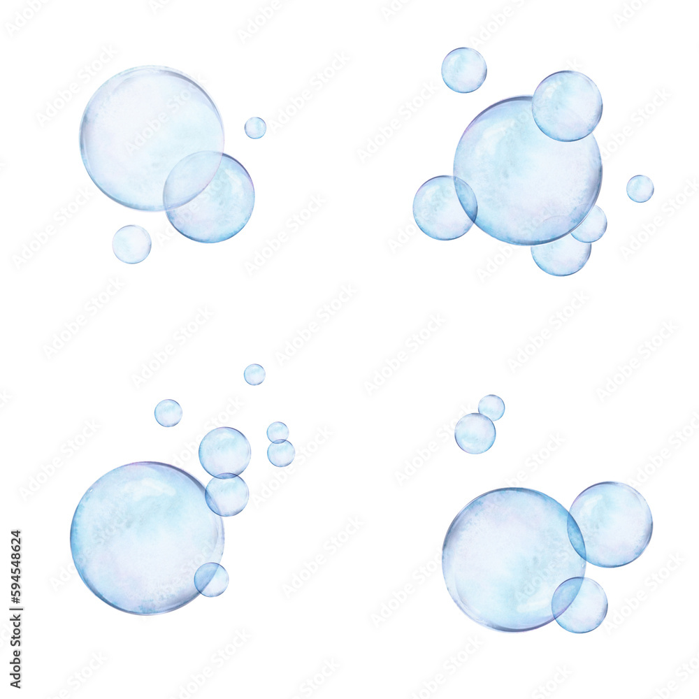 Watercolor drawn sets of air bubbles on white background. Transparent realistic picture for illustration, stickers, logo, textile printing Watercolor drawn sets of air bubbles on white background. Transparent realistic picture for illustration, stickers, logo, textile printing