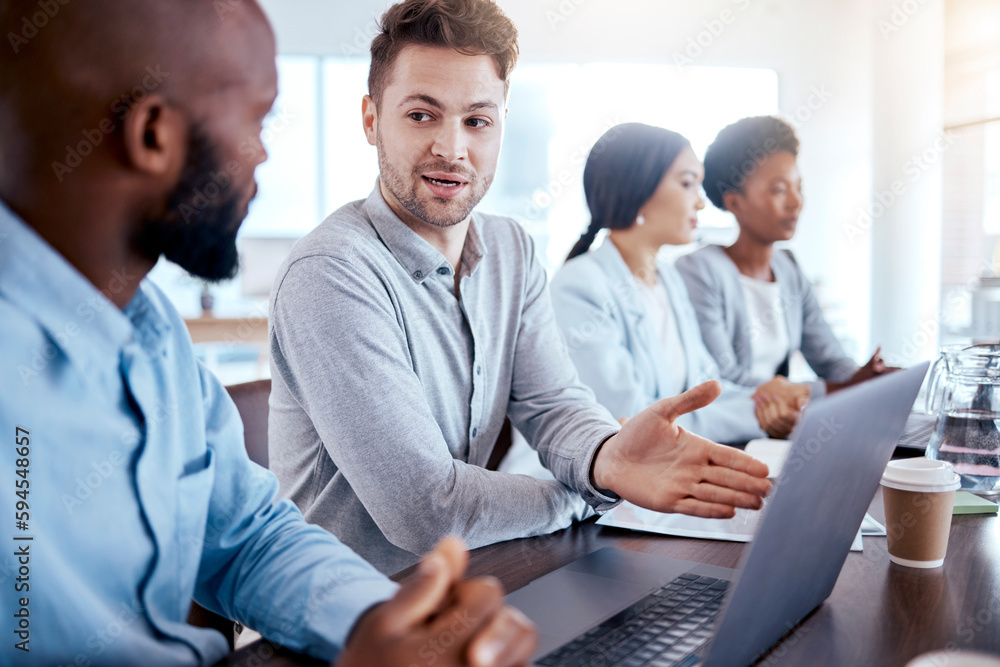 Fototapeta premium Manager, laptop and mentor helping black man, new worker or intern with project management, explain or leader managing. Computer, coaching and business people training in office, learning or teaching