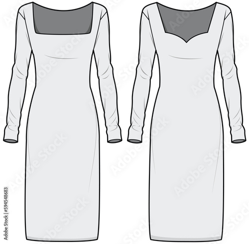 Long Sleeve Square Neck Bodycon Dress, Long Sleeve Sweetheart Neck Pencil Cut Dress Fashion Illustration, Vector, CAD, Technical Drawing, Flat Drawing, Template, Mockup.