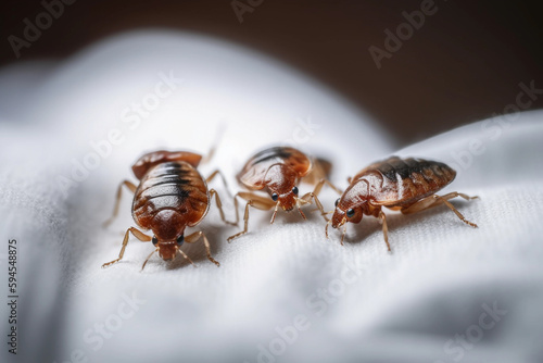 Bed bugs on a white cloth, macro, Generative AI © Andrii Fanta