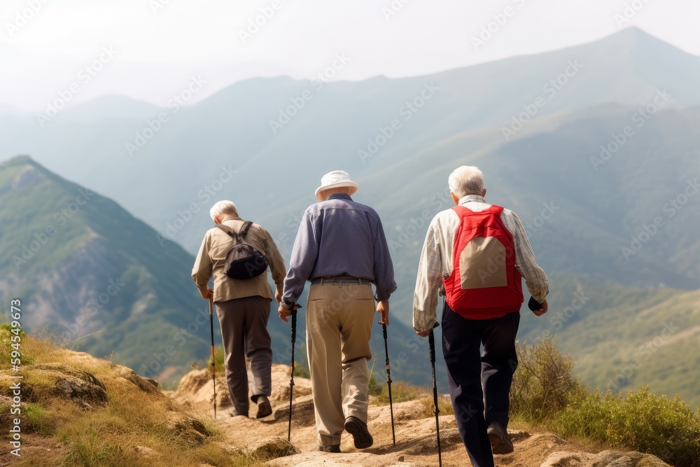 Seniors hiking mountain. Generate Ai