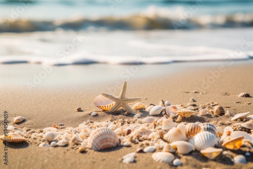 seashells, sand, and starfish on the beach, created with generative ai