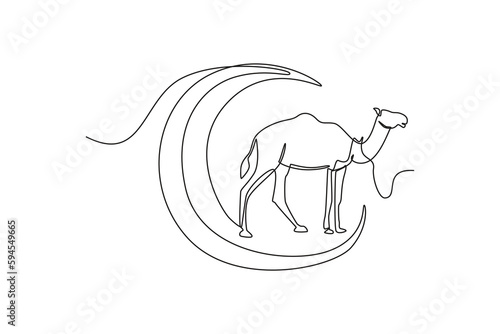Single one line drawing Crescent moon and camel. Happy Eid Al Adha. Continuous line draw design graphic vector illustration. © Sell Vector