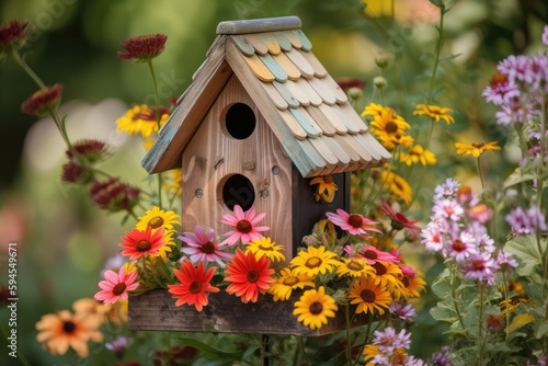 Photo birdhouse surrounded by colorful blooming flowers, created with generative ai