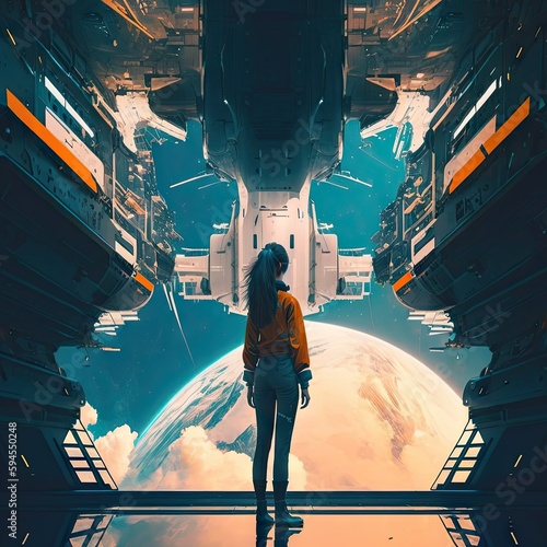 a woman standing at the eage of gigantic space station, alone lofi girl Generative AI	
 photo