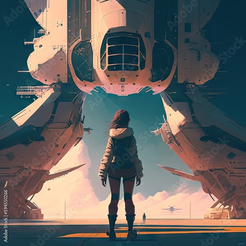 a woman standing at the eage of gigantic space station, alone lofi girl Generative AI	
 photo