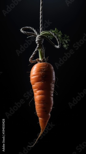 A Tempting Carrot as an Enticing Bait. Isolated carrot hanging over black background. Generative AI