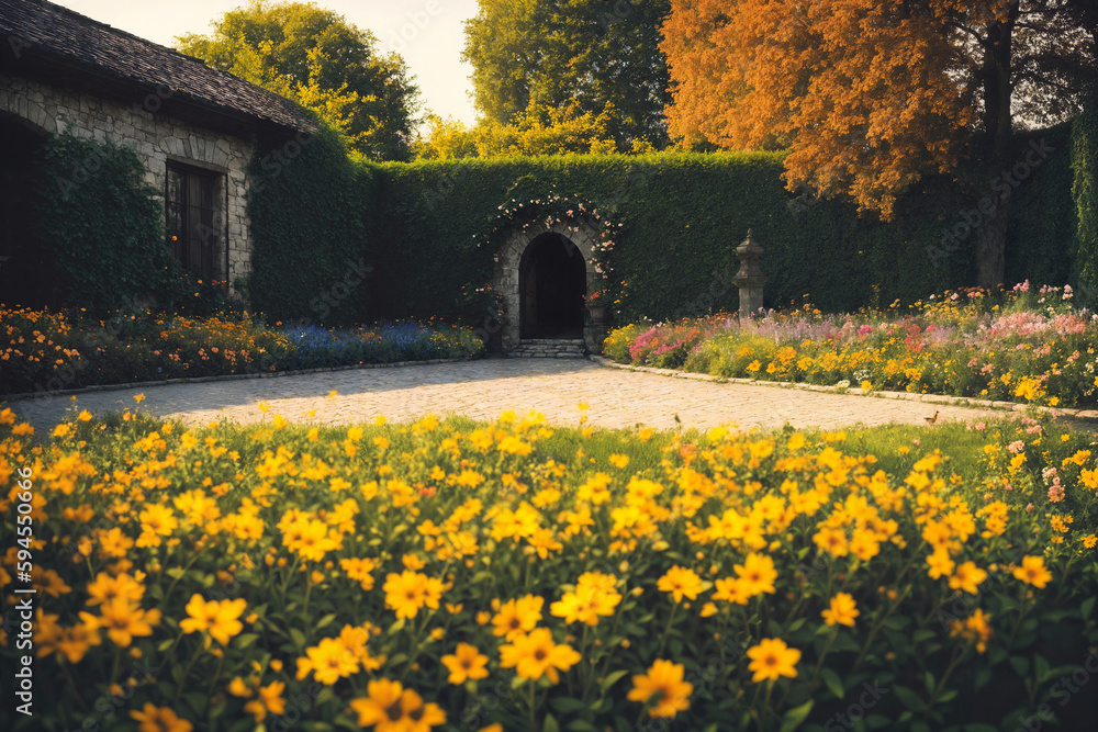 Flower garden, flowerbed close-up near old house, landscaping, beautiful nature in summer. Generative AI. Flower garden, flowerbed close-up near old house, landscaping, beautiful nature in summer. Generative AI.