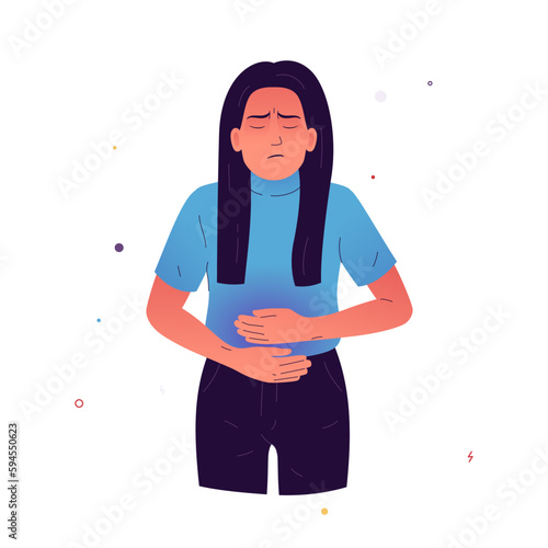 Vector illustration of a woman with pelvic pain, a symptom of menstrual cramps (dysmenorrhea), endometriosis, or PMS. Concept for gynecology and women's health.