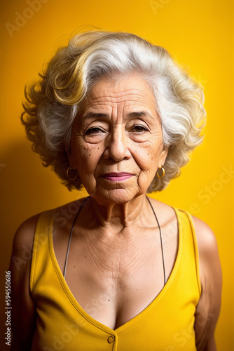 Portrait of an elderly caucasian woman with blond hair on an yellow background, summer brightness. Generative AI.
