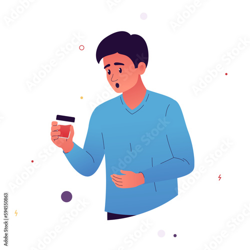 Vector illustration of an excited man holding a jar of urine in his hand. Blood in the urine is a symptom of kidney disease, viral infections, cancer. Illustration for medical articles, posters.