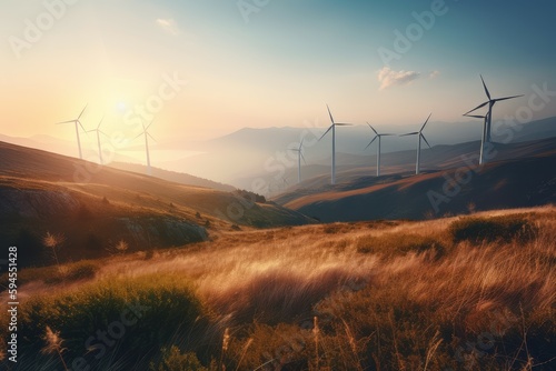 Wind turbines sunset. Generate Ai