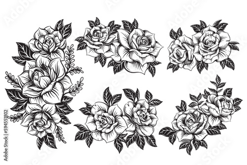 Set Bundle Collection Vintage beautiful flowers Rose elements Flowers bouquet stem for tattoo hand drawn style