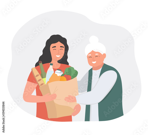 A volunteer helps an elderly person carry groceries. Vector graphics.