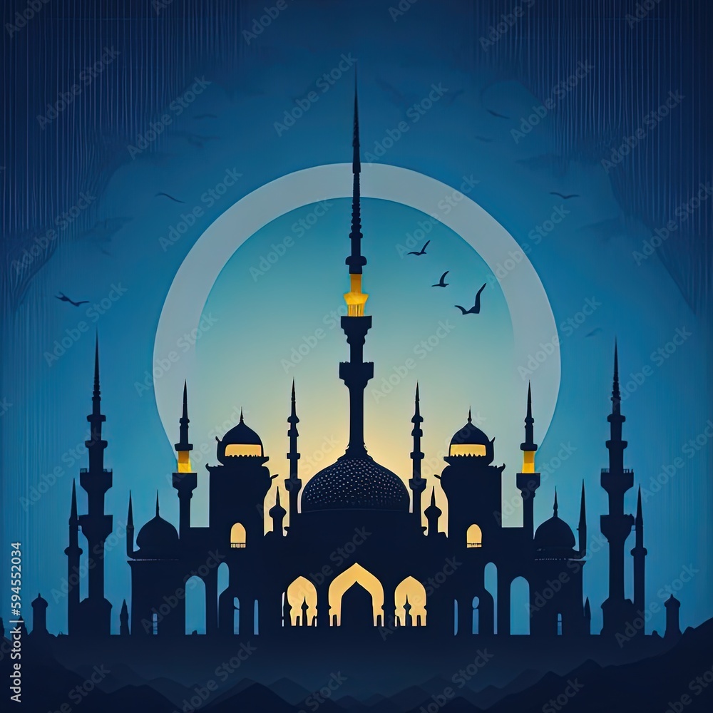 A dark mosque silhouette with a moon in blue background 