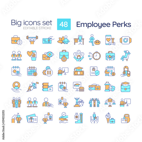 Employee perks RGB color icons set. Incentive program. Work environment. Increase productivity. Reward system. Isolated vector illustrations. Simple filled line drawings collection. Editable stroke © bsd studio