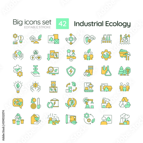 Industrial ecology RGB color icons set. Sustainable development. Environment protection. Circular economy. Isolated vector illustrations. Simple filled line drawings collection. Editable stroke