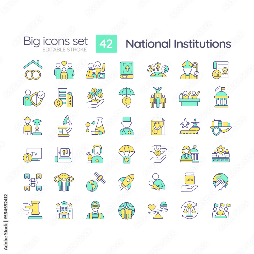 National institutions RGB color icons set. Patterns of behavior. Social system. Society framework. Isolated vector illustrations. Simple filled line drawings collection. Editable stroke National institutions RGB color icons set. Patterns of behavior. Social system. Society framework. Isolated vector illustrations. Simple filled line drawings collection. Editable stroke