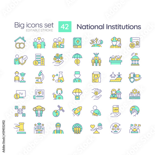 National institutions RGB color icons set. Patterns of behavior. Social system. Society framework. Isolated vector illustrations. Simple filled line drawings collection. Editable stroke