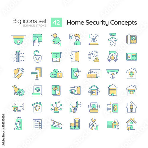 Home security RGB color icons set. Smart house. Alarm system. Crime prevention. Family protection. Isolated vector illustrations. Simple filled line drawings collection. Editable stroke