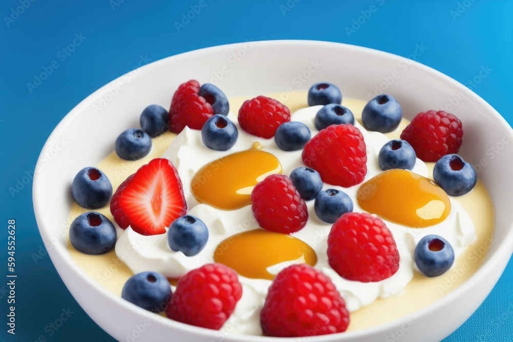 Bowl of homemade yogurt and fresh berries on wooden background, generative ai, healthy food Bowl of homemade yogurt and fresh berries on wooden background, generative ai, healthy food