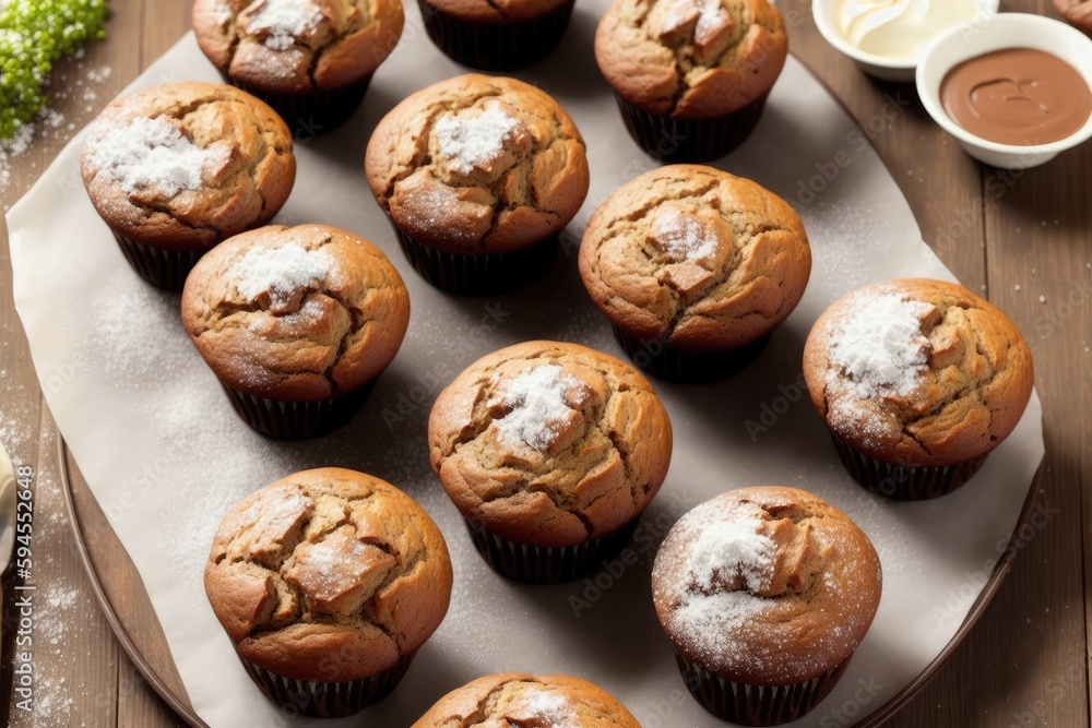 Delicious chocolate muffins with sugar powder, on dark background, generative ai, selective focus Delicious chocolate muffins with sugar powder, on dark background, generative ai, selective focus